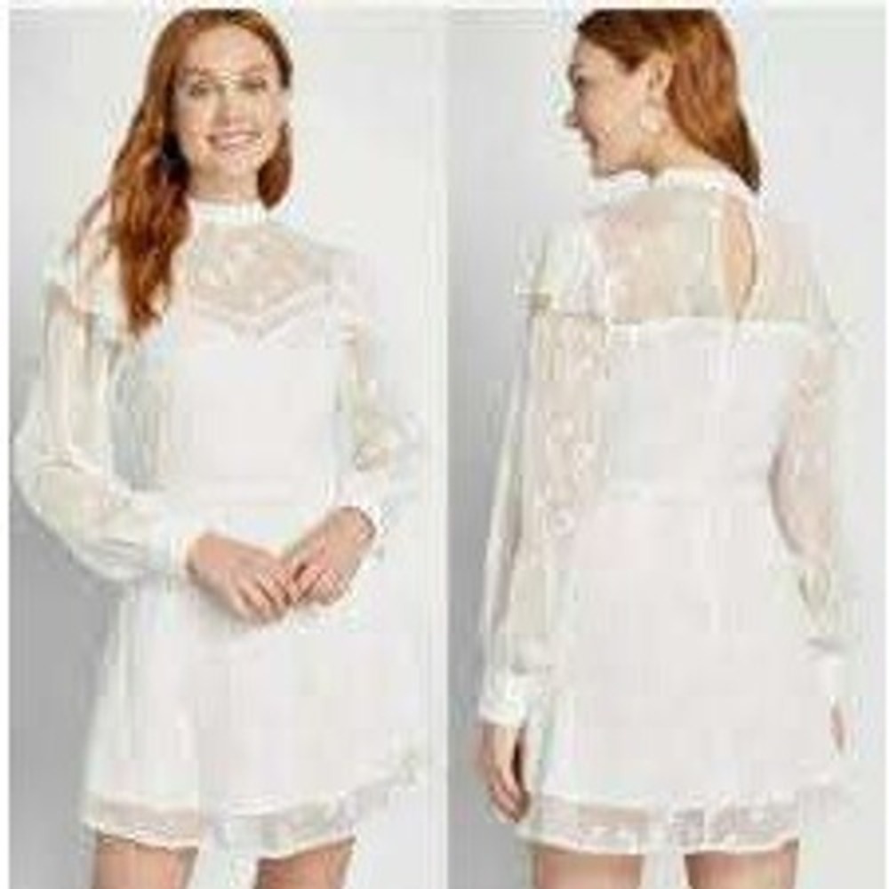 ModCloth Mini Dress Womens 6 White Floral Embroidery Sheer Ruffle High Neck